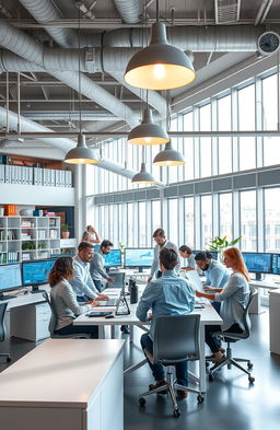 A modern and sophisticated office setting designed for engineers, featuring a spacious layout with large windows allowing natural light to flood in