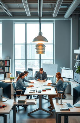 A modern and sophisticated office setting designed for engineers, featuring a spacious layout with large windows allowing natural light to flood in