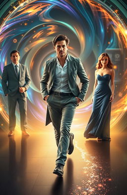 A young male scientist confidently walking away from a glowing time portal, his expression one of determination and curiosity