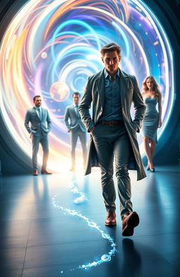 A young male scientist confidently walking away from a glowing time portal, his expression one of determination and curiosity