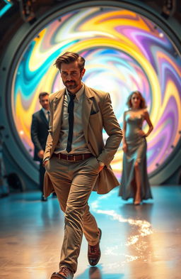 A young male scientist confidently walking away from a glowing time portal, his expression one of determination and curiosity