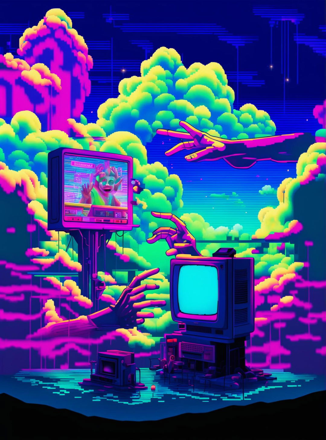 A surreal Weirdcore digital art featuring a neon-lit diner on a floating island, a colossal CRT television screen displaying static noise and distorted cartoons, a giant low-poly hand touching the diner's signboard, and a stack of vintage computers displaying error messages