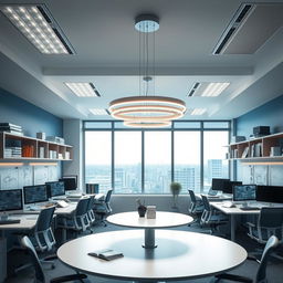 A modern engineering office space designed for productivity and creativity, showcasing innovative lighting solutions to enhance the workspace