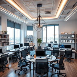 A modern engineering office space designed for productivity and creativity, showcasing innovative lighting solutions to enhance the workspace