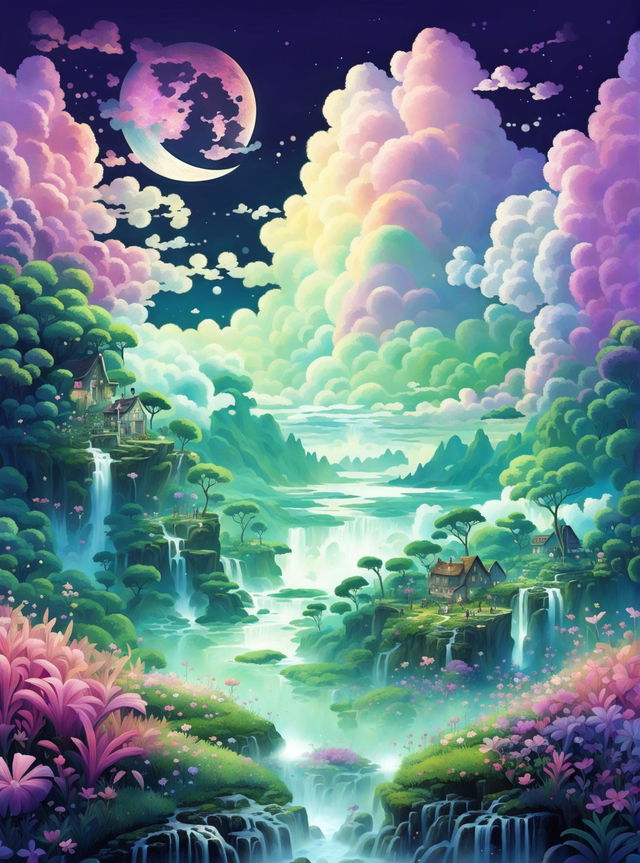 A Dreamcore digital art featuring a vast, pastel-colored dreamscape with floating islands, a waterfall cascading into clouds, a giant moon with a face, and a field of glowing flowers under a starry sky