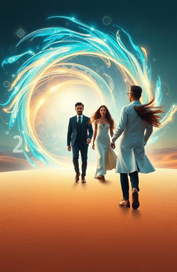 A young male scientist wearing a white lab coat walks away confidently, leaving behind a rich man in an elegant suit and a beautiful woman with flowing hair, both standing in awe within a shimmering time portal