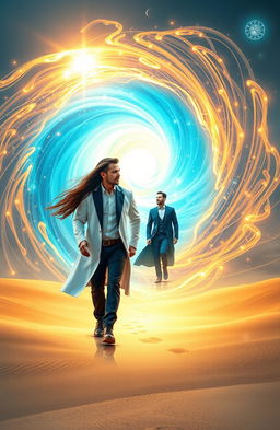 A young male scientist wearing a white lab coat walks away confidently, leaving behind a rich man in an elegant suit and a beautiful woman with flowing hair, both standing in awe within a shimmering time portal