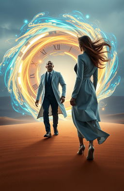 A young male scientist wearing a white lab coat walks away confidently, leaving behind a rich man in an elegant suit and a beautiful woman with flowing hair, both standing in awe within a shimmering time portal