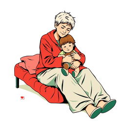 An abstract flat pop art illustration featuring a dirty short-haired Caucasian homeless mother sitting on a messy cot, lovingly hugging her young Caucasian daughter who clutches a small stuffed teddy bear