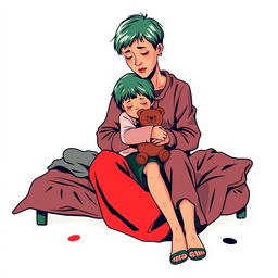 An abstract flat pop art illustration featuring a dirty short-haired Caucasian homeless mother sitting on a messy cot, lovingly hugging her young Caucasian daughter who clutches a small stuffed teddy bear