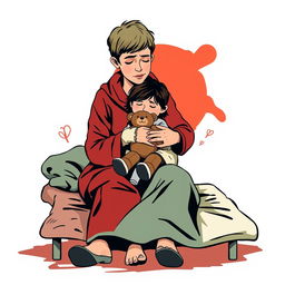 An abstract flat pop art depiction of a dirty short-haired Caucasian homeless mother sitting on a messy cot, tenderly hugging her young Caucasian daughter, who is clutching a small stuffed teddy bear