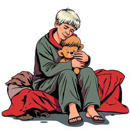 An abstract flat pop art depiction of a dirty short-haired Caucasian homeless mother sitting on a messy cot, tenderly hugging her young Caucasian daughter, who is clutching a small stuffed teddy bear