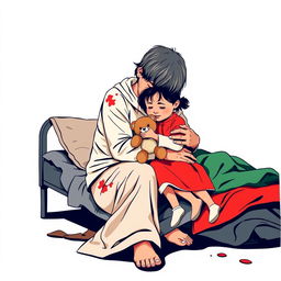 An abstract flat pop art depiction of a dirty short-haired Caucasian homeless mother sitting on a messy cot, tenderly hugging her young Caucasian daughter, who is clutching a small stuffed teddy bear
