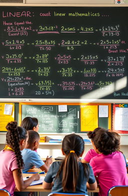 A vibrant educational scene illustrating linear equations, featuring a chalkboard filled with various linear equations written in colorful chalk