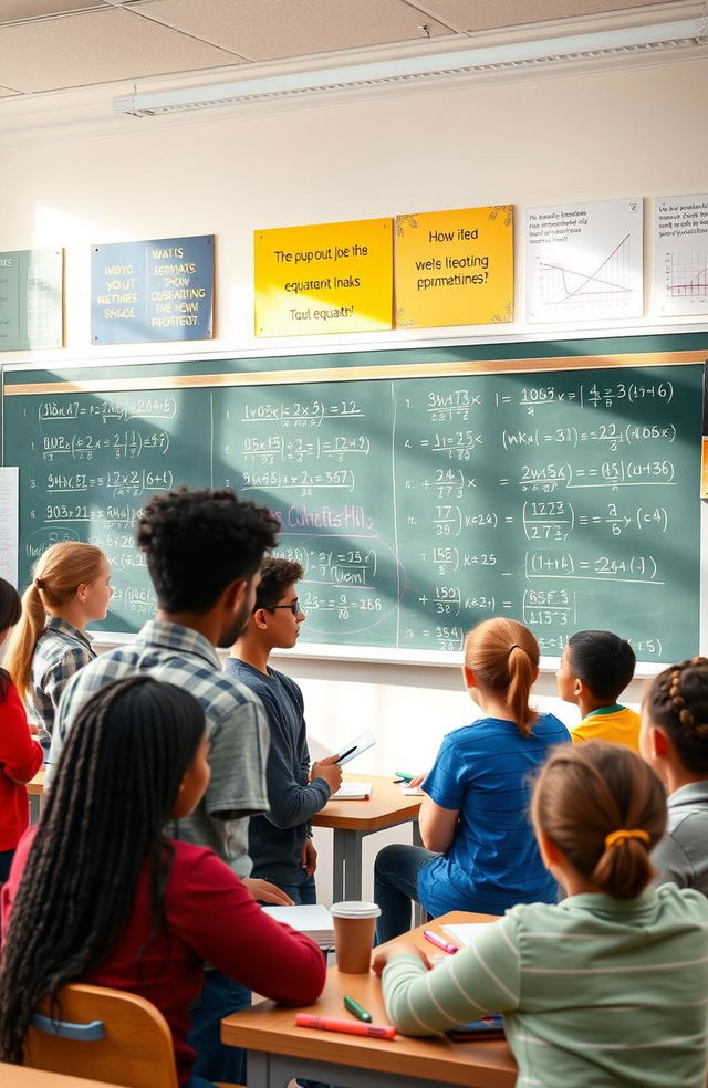 A vibrant educational scene illustrating linear equations, featuring a chalkboard filled with various linear equations written in colorful chalk