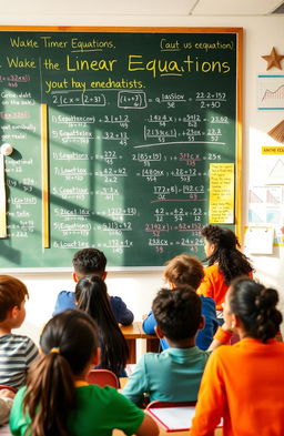 A vibrant educational scene illustrating linear equations, featuring a chalkboard filled with various linear equations written in colorful chalk