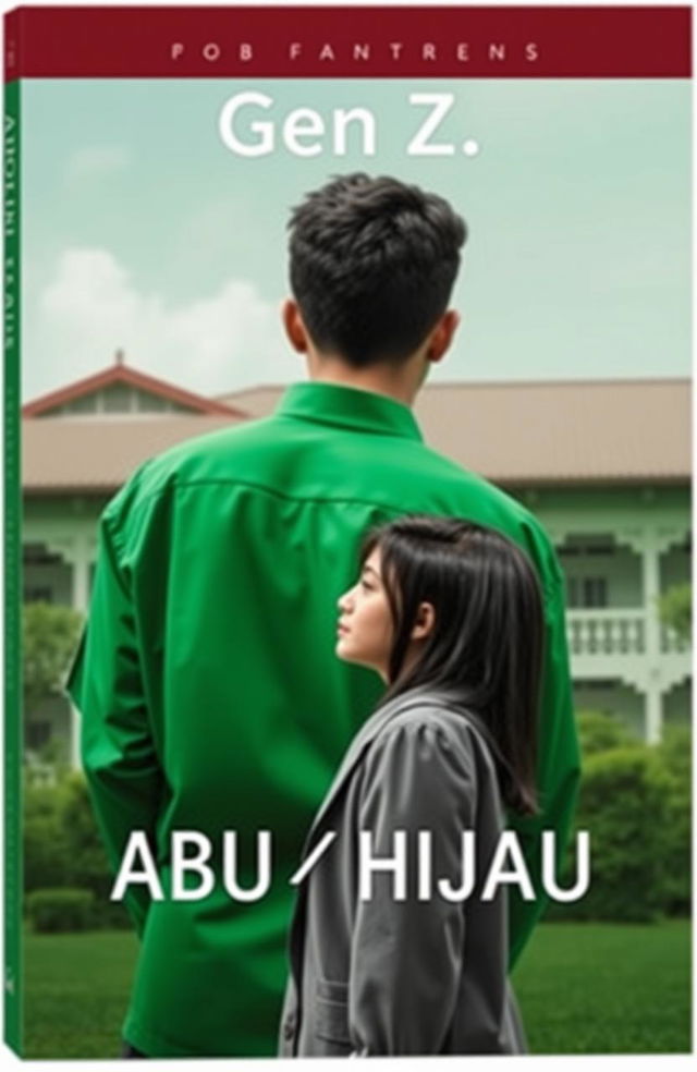 An aesthetic book cover image featuring a young man in a green pesantren (Islamic boarding school) uniform, seen from behind, symbolizing the theme of Gen Z