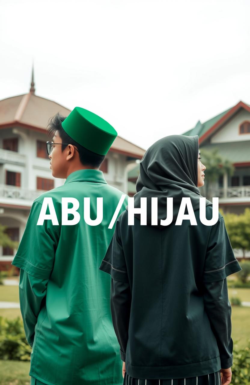 An aesthetic book cover image featuring a young man in a green pesantren (Islamic boarding school) uniform, seen from behind, symbolizing the theme of Gen Z