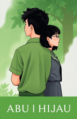 A graphic book cover depicting a young man in a green pesantren outfit, facing away, with a serene expression and an aura of tranquility, surrounded by lush greenery