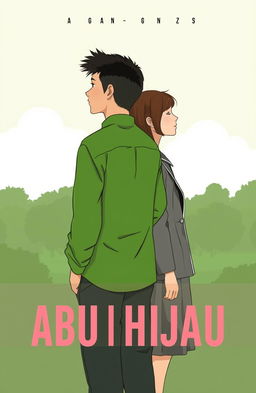 A graphic book cover depicting a young man in a green pesantren outfit, facing away, with a serene expression and an aura of tranquility, surrounded by lush greenery