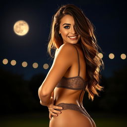 A woman showing her curves in a stunning pose at night, illuminated by soft moonlight