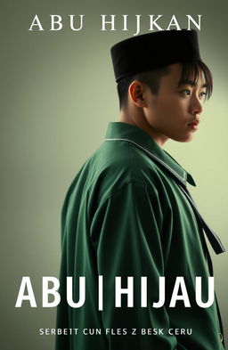 Aesthetic book cover design featuring a young man in a traditional Islamic outfit, wearing a sarung and koko, facing away from the viewer