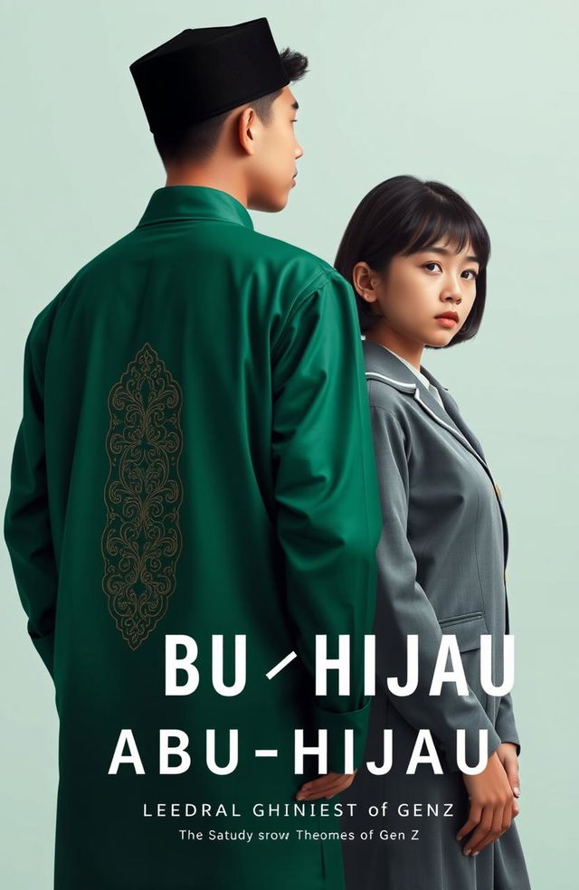 Aesthetic book cover design featuring a young man in a traditional Islamic outfit, wearing a sarung and koko, facing away from the viewer