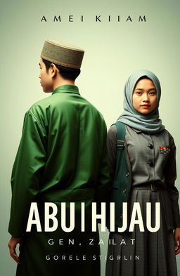 Aesthetic book cover design featuring a young man in a traditional Islamic outfit, wearing a sarung and koko, facing away from the viewer