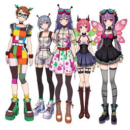 A quirky collection of anime girl outfit ideas featuring a weird girl theme, reflecting eccentric styles and vibrant, unconventional combinations