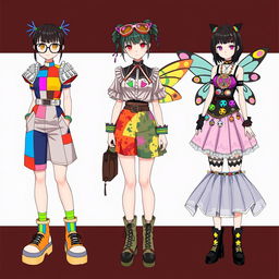 A quirky collection of anime girl outfit ideas featuring a weird girl theme, reflecting eccentric styles and vibrant, unconventional combinations