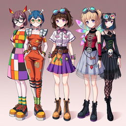 A quirky collection of anime girl outfit ideas featuring a weird girl theme, reflecting eccentric styles and vibrant, unconventional combinations
