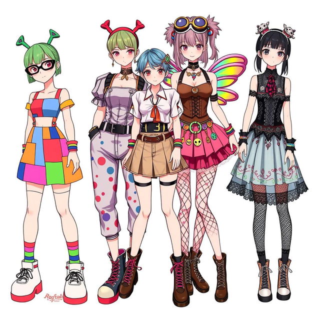 A quirky collection of anime girl outfit ideas featuring a weird girl theme, reflecting eccentric styles and vibrant, unconventional combinations