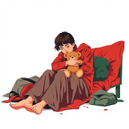 An abstract flat pop art depiction of a dirty short-haired Caucasian homeless mother sitting on a messy cot, embracing her young Caucasian daughter who holds a small stuffed teddy bear close to her