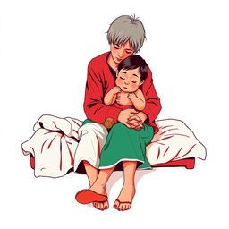 An abstract flat pop art depiction of a dirty short-haired Caucasian homeless mother sitting on a messy cot, embracing her young Caucasian daughter who holds a small stuffed teddy bear close to her