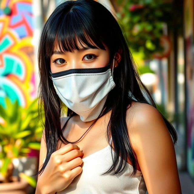 A beautiful black-haired Japanese woman wearing a stylish mask, standing outside in a vibrant urban setting