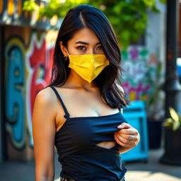A beautiful black-haired Japanese woman wearing a stylish mask, standing outside in a vibrant urban setting