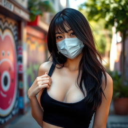 A beautiful black-haired Japanese woman wearing a stylish mask, standing outside in a vibrant urban setting