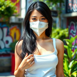 A beautiful black-haired Japanese woman wearing a stylish mask, standing outside in a vibrant urban setting