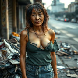 A Thai homeless woman with unkempt long hair, wearing tattered old clothes that are ripped and worn, revealing large breasts