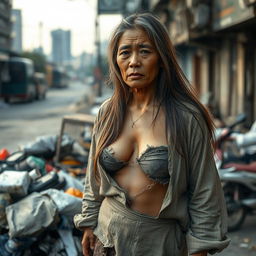 A Thai homeless woman with unkempt long hair, wearing tattered old clothes that are ripped and worn, revealing large breasts