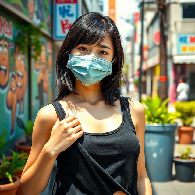 A beautiful black-haired Japanese college student wearing a stylish mask, outdoors in a vibrant urban location