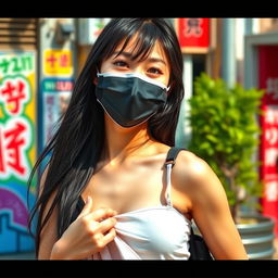 A beautiful black-haired Japanese college student wearing a stylish mask, outdoors in a vibrant urban location