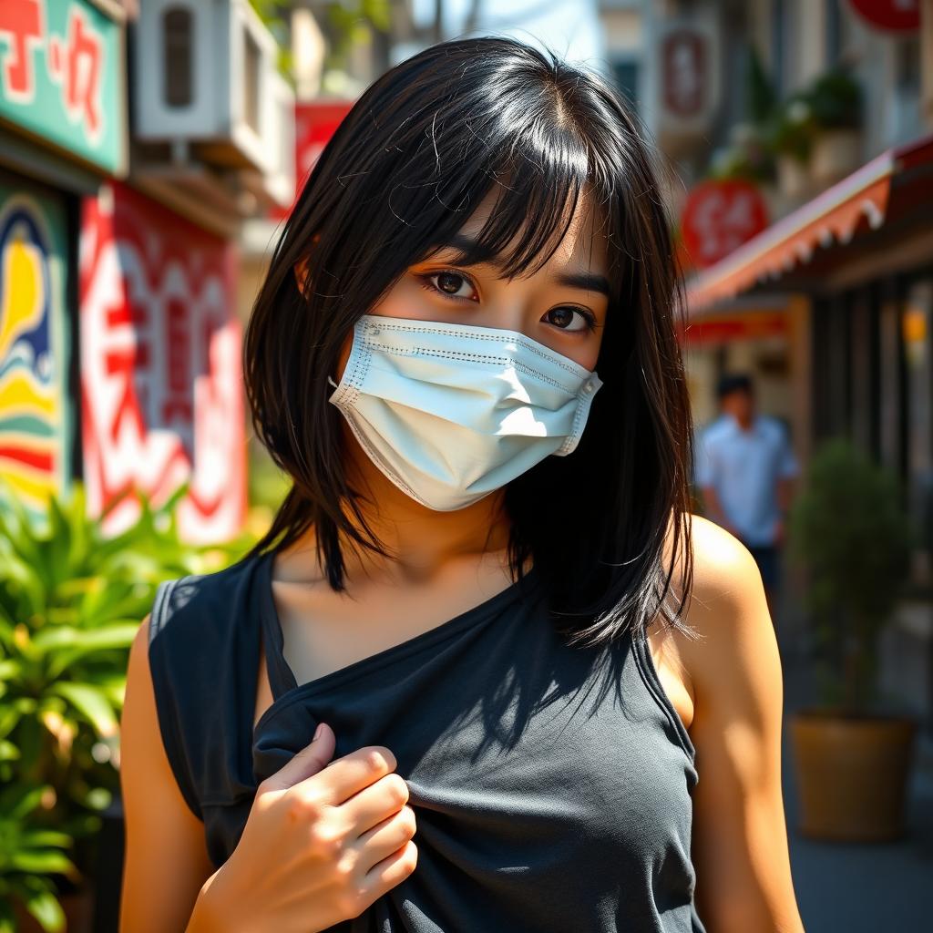 A beautiful black-haired Japanese college student wearing a stylish mask, outdoors in a vibrant urban location