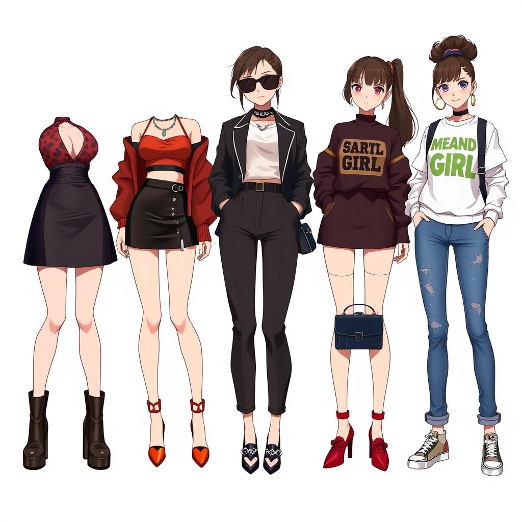 A captivating collection of outfit ideas for an anime girl showcasing a mean girl theme, featuring stylish and confident ensembles that exude attitude