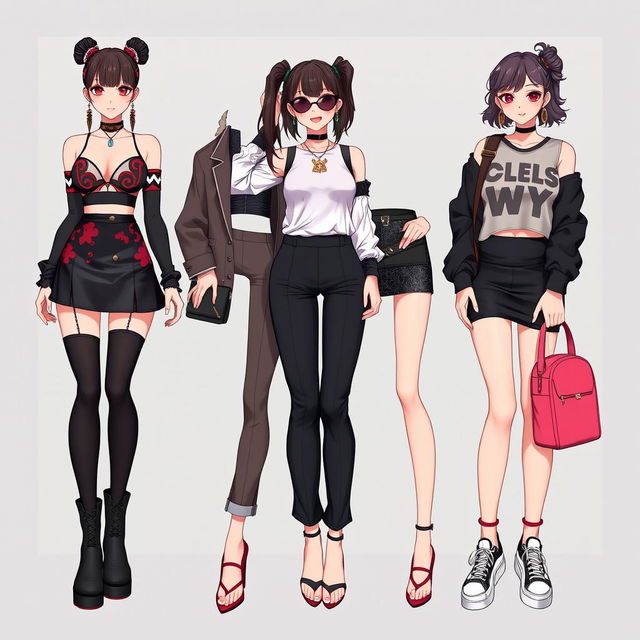 A captivating collection of outfit ideas for an anime girl showcasing a mean girl theme, featuring stylish and confident ensembles that exude attitude