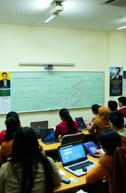 A vibrant and engaging classroom setting at Universitas Jember, focusing on a cryptography class