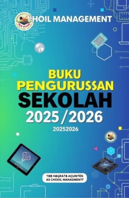 A modern school management book cover for the academic year 2025 / 2026, featuring a digital technology theme