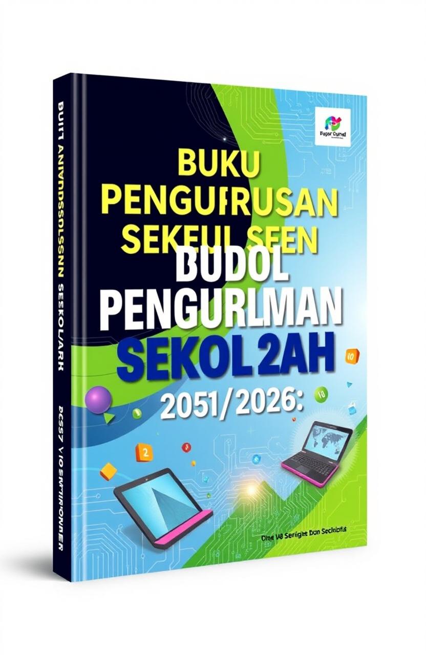 A modern school management book cover for the academic year 2025 / 2026, featuring a digital technology theme