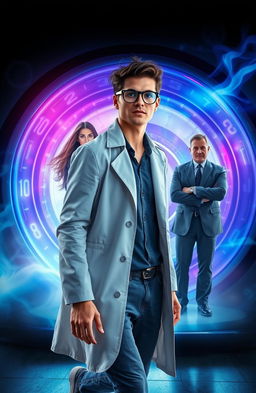 A handsome young scientist with short dark hair and stylish glasses, confidently walking away from a glowing time portal/machine