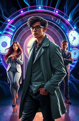 A handsome young scientist with short dark hair and stylish glasses, confidently walking away from a glowing time portal/machine